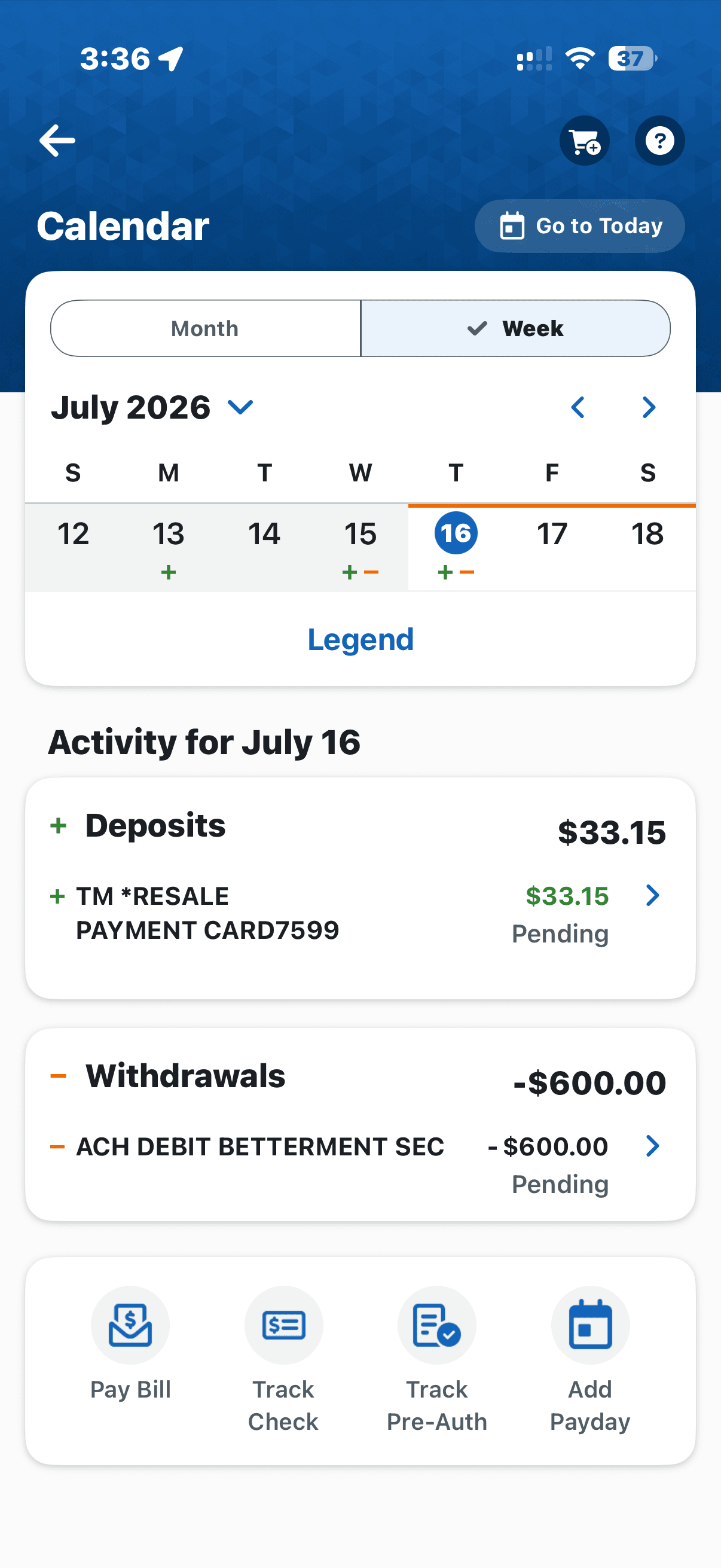 BANKING CALENDAR screen 3