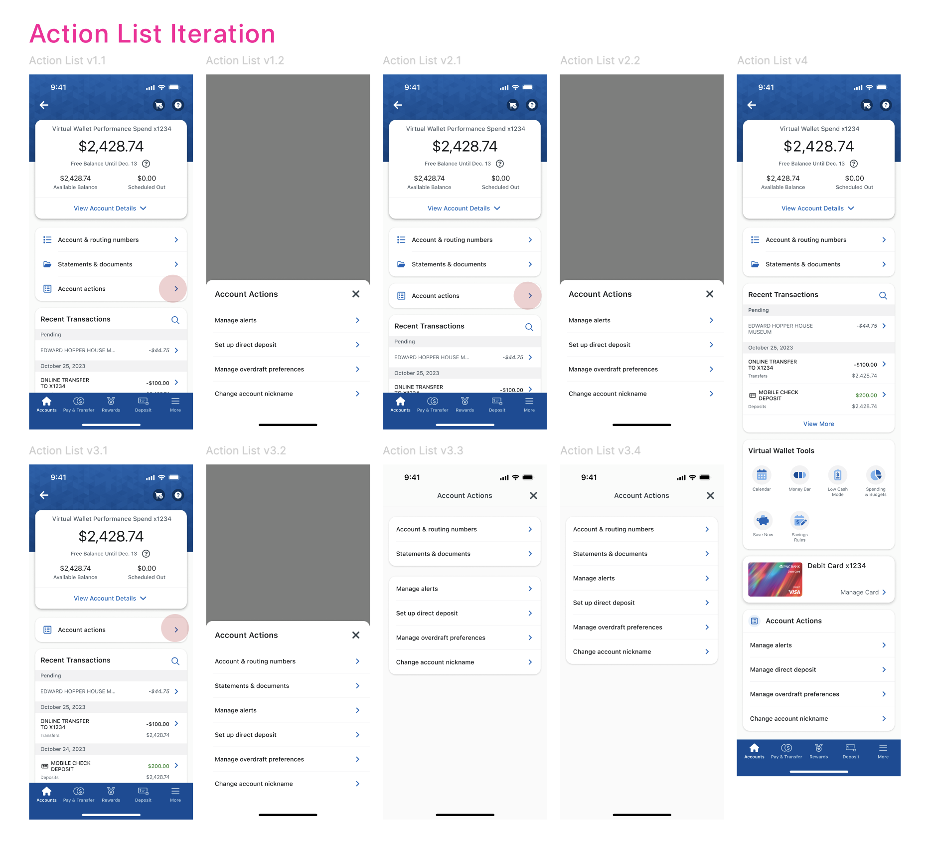 Account actions design iterations