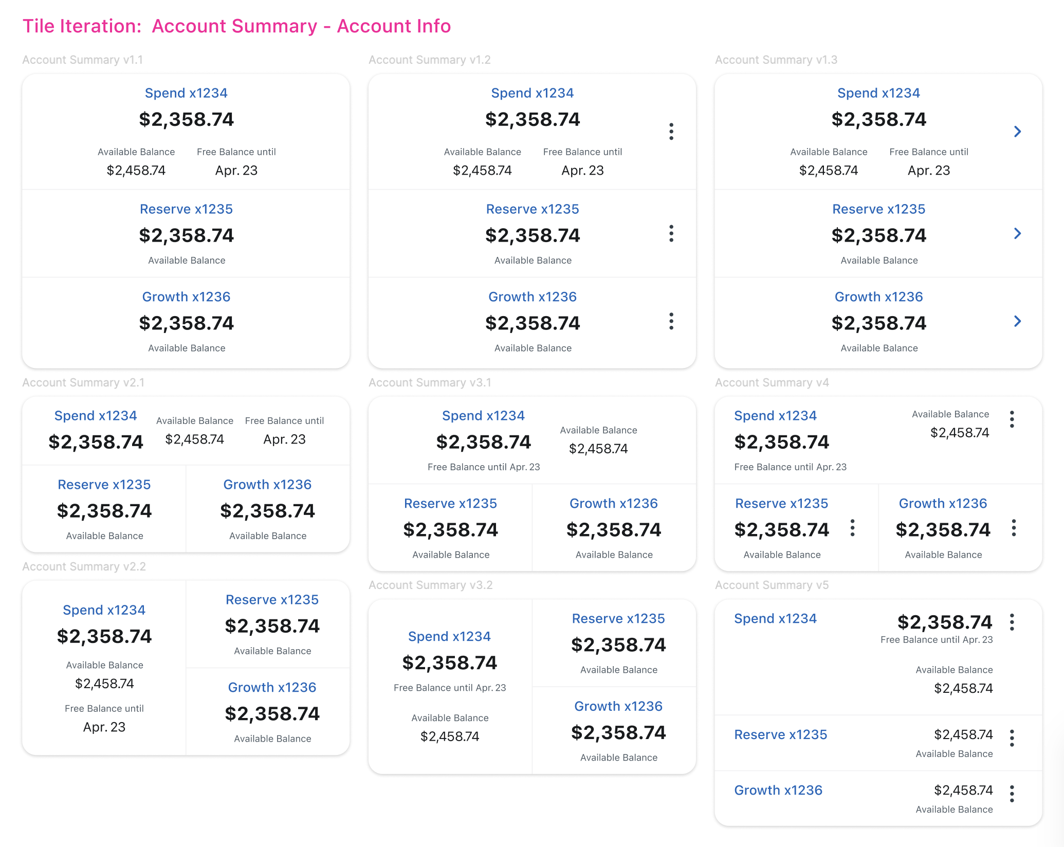 Account summary tile design iterations