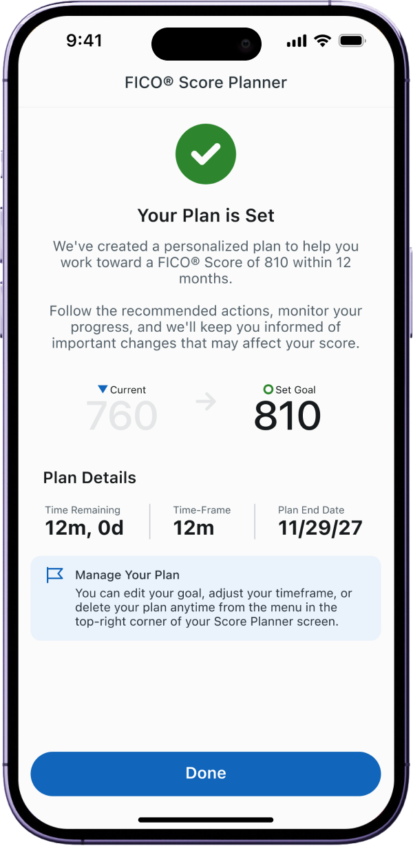 Score Planner confirmation that the plan is set