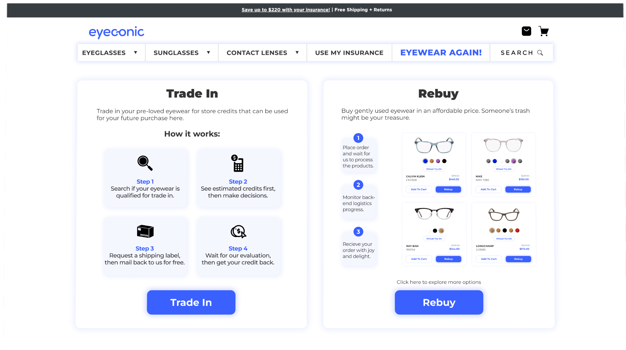 VSP Vision homepage, Trade In and Rebuy